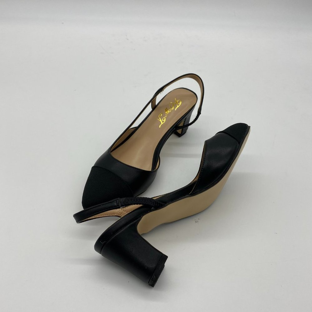 FOWT Black Slingback Pointy Toe Chunky Sandal Heel - Picture 4 of 8